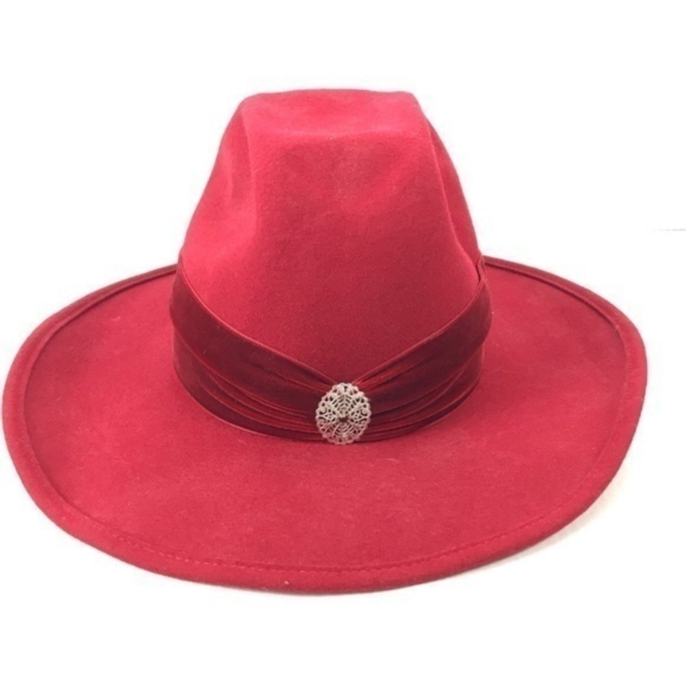 Nancy Hughes Hat She’s A Lady Western Red Wool Felt Velveteen Band & Bow  6.3/4